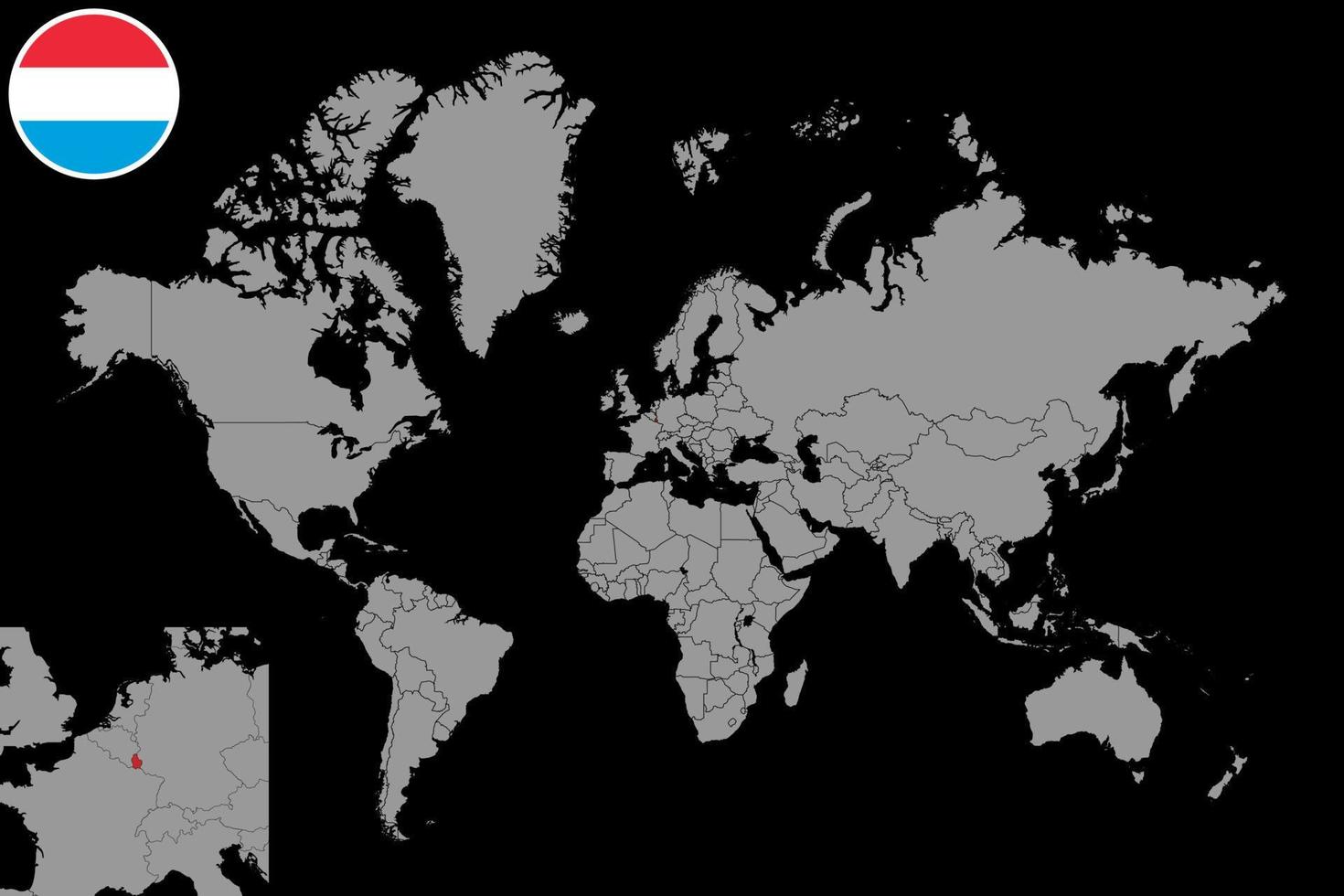 pin mapa con bandera de luxemburgo en el mapa mundial. ilustración vectorial vector