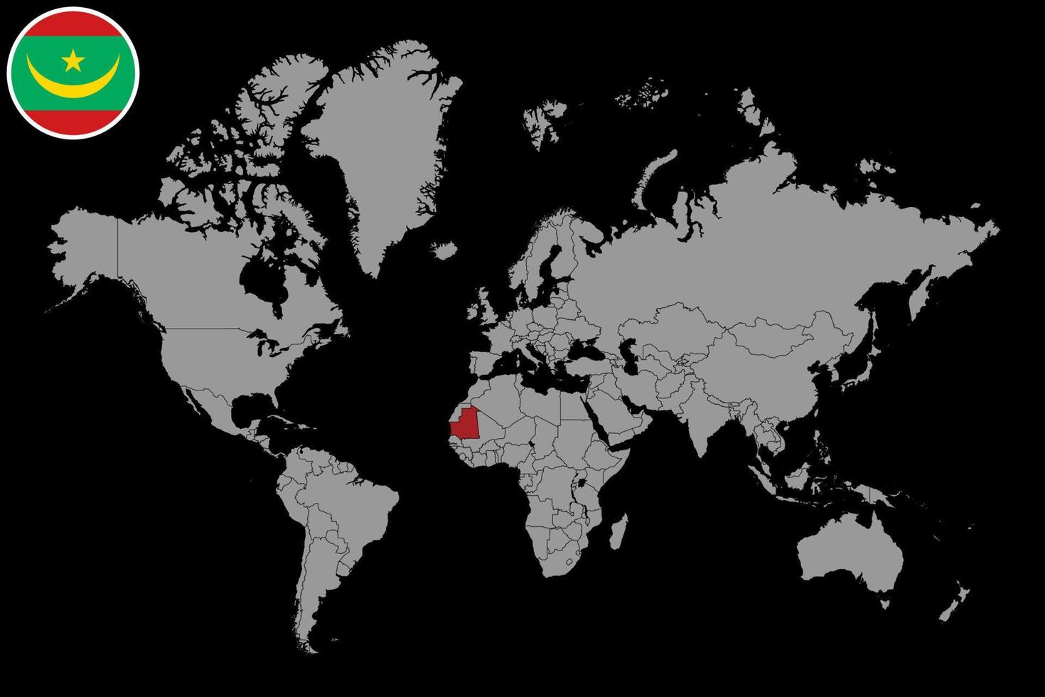 Pin map with Mauritania flag on world map. Vector illustration.