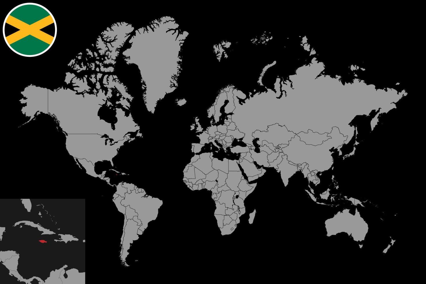 Pin map with Jamaica flag on world map. Vector illustration.