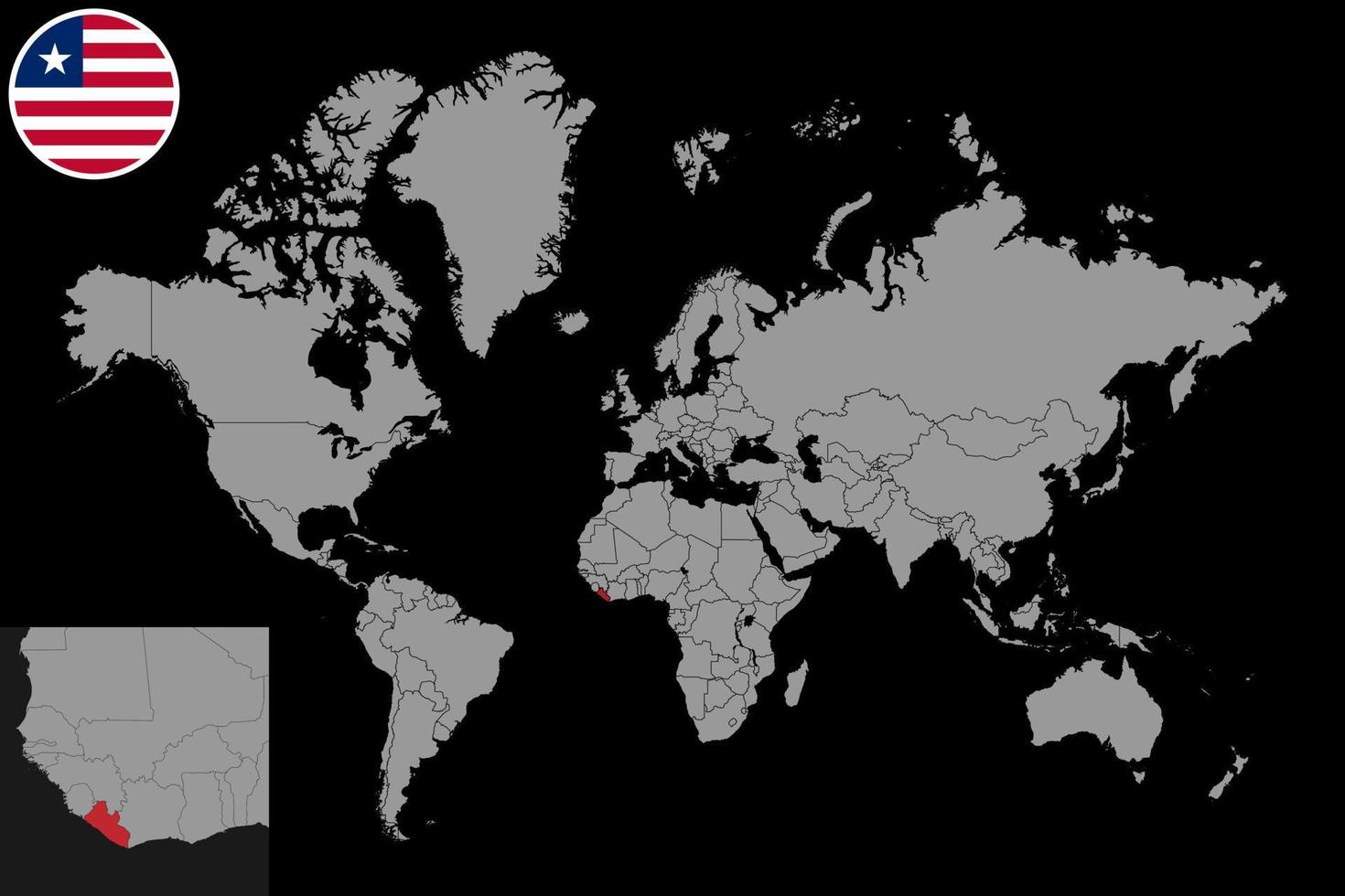 pin mapa con la bandera de liberia en el mapa mundial. ilustración vectorial vector