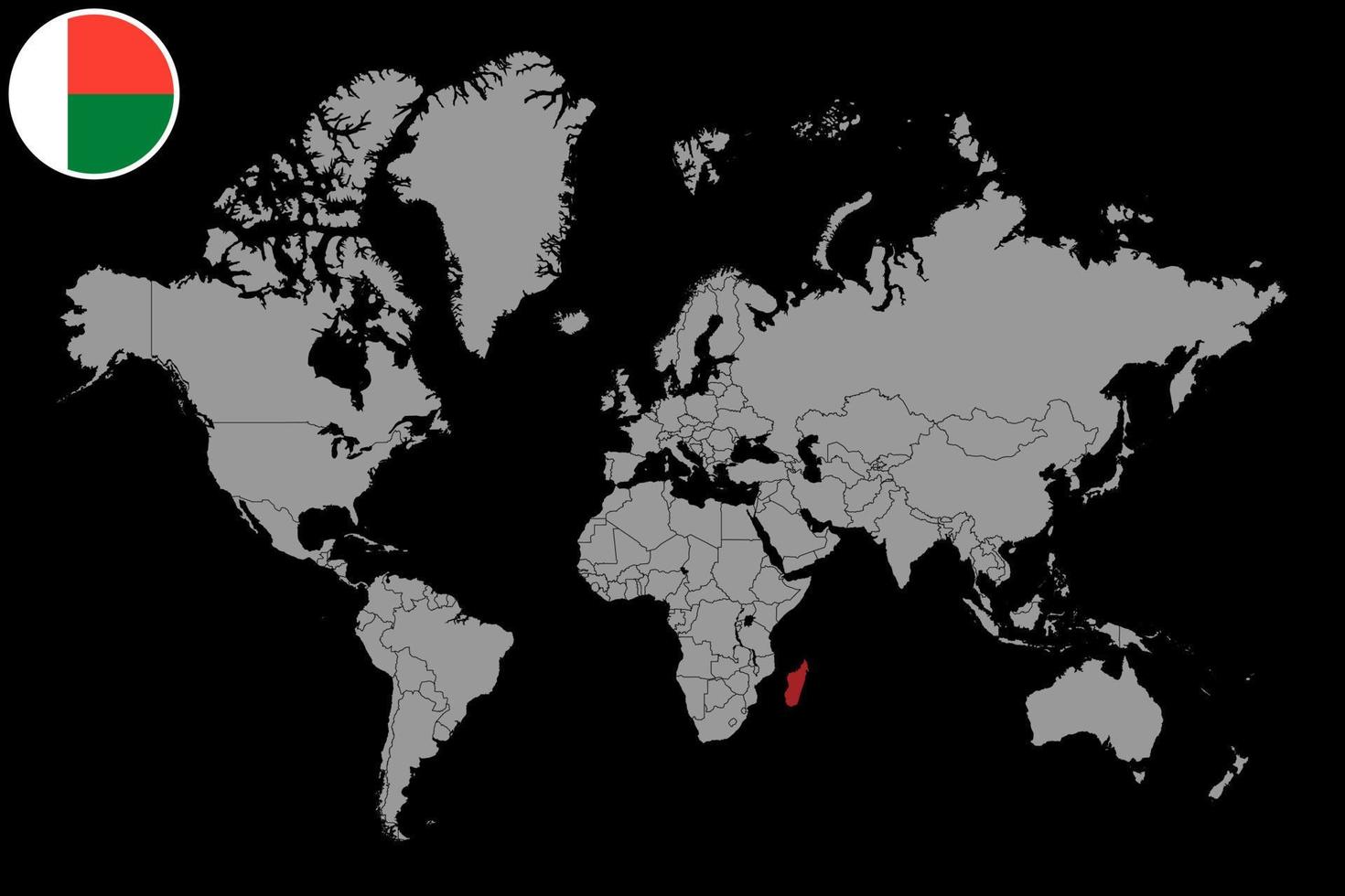 pin mapa con la bandera de madagascar en el mapa mundial. ilustración vectorial vector
