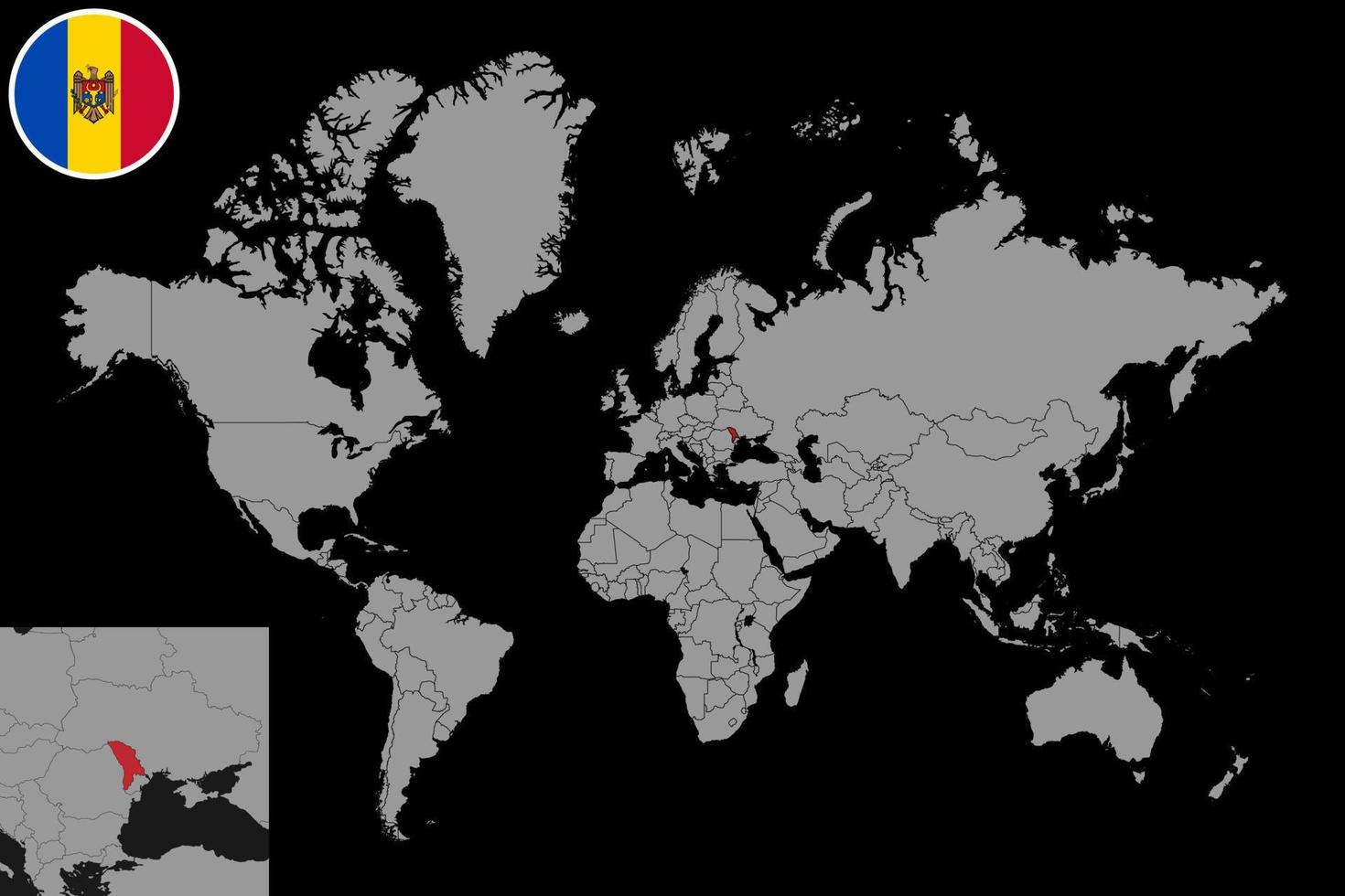 Pin map with Moldova flag on world map. Vector illustration.