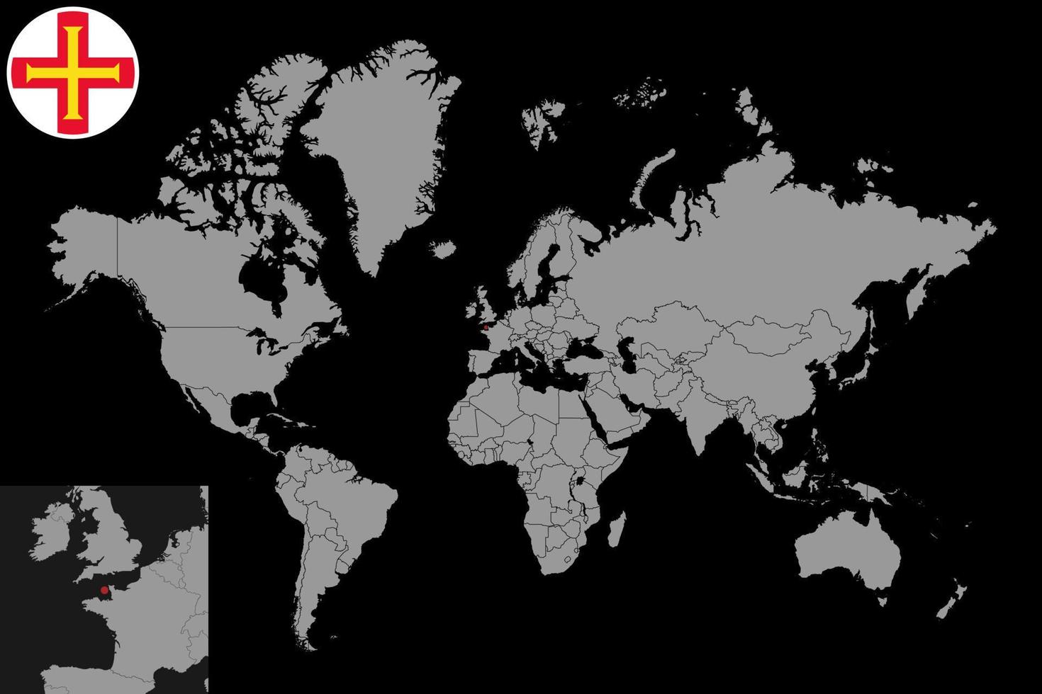 pin mapa con la bandera de guernsey en el mapa mundial. ilustración vectorial vector