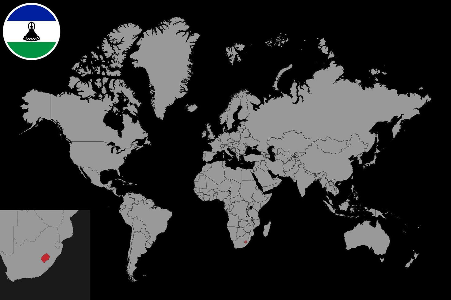 Pin map with Lesotho flag on world map. Vector illustration.