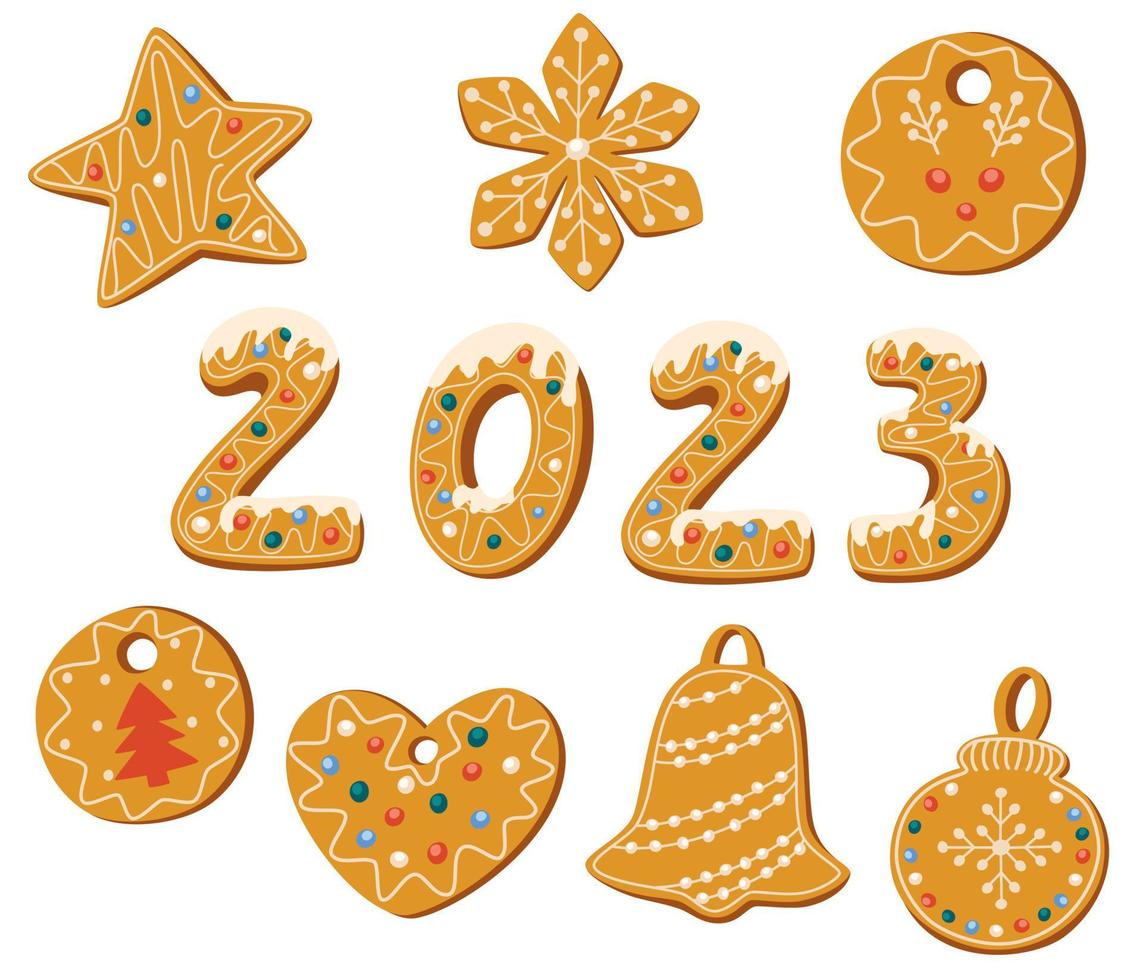 juego de galletas de jengibre. colección de dulces navideños. dulces caseros de invierno en forma de campana, copo de nieve, muñeco de nieve, corazón, estrella. ilustraciones vectoriales dibujadas a mano aisladas en el fondo blanco. vector