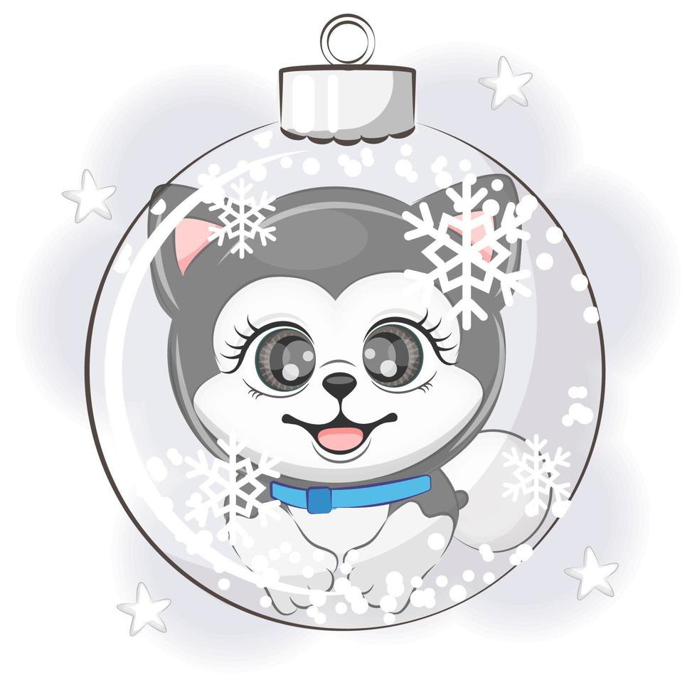 lindo perro malamute de alaska en una bola de árbol de navidad, navidad o año nuevo ilustración vectorial vector