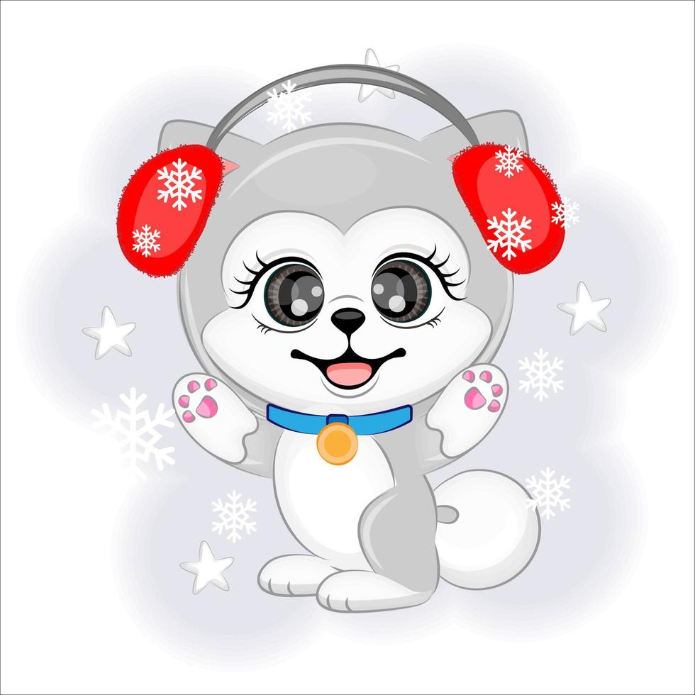 lindo perro alaskan malamute con copos de nieve navidad o año nuevo ilustración vectorial vector