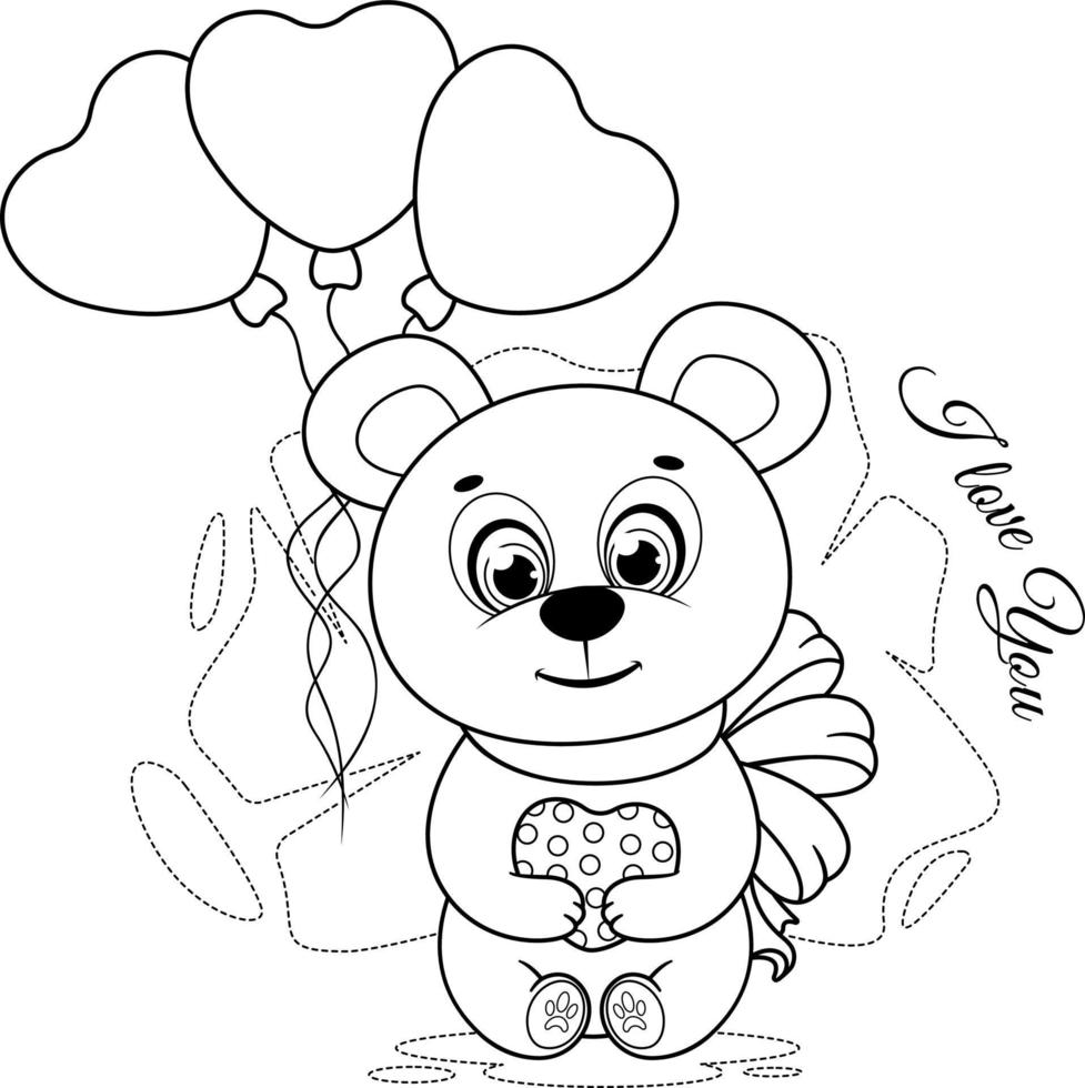 Coloring page. Cute cartoon teddy bear with a heart and balloons vector
