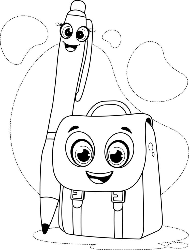 Coloring page. Funny characters pen and school bag vector