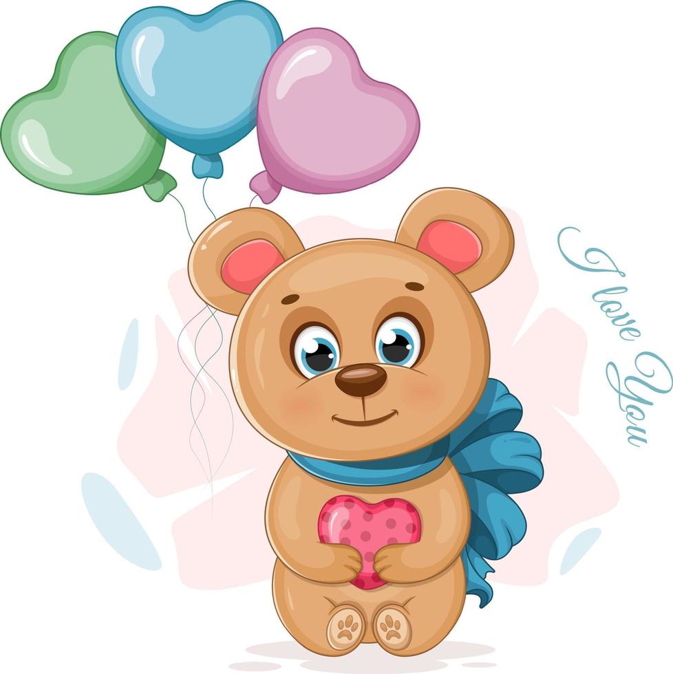 lindo oso de peluche de dibujos animados con un corazón y globos vector