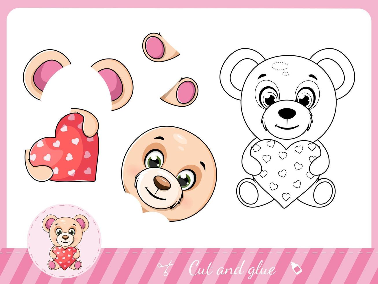 Cut and glue a little cartoon bear with heart vector