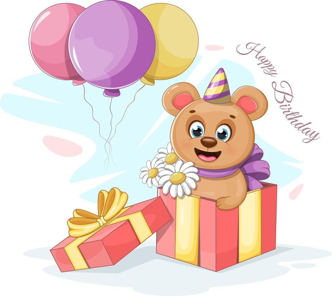 postal de cumpleaños con oso divertido, flores, globos y una caja de regalo vector