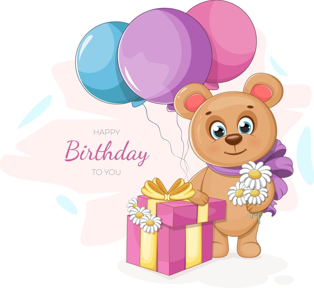 postal de cumpleaños con lindo oso, globos, flores y una caja de regalo vector