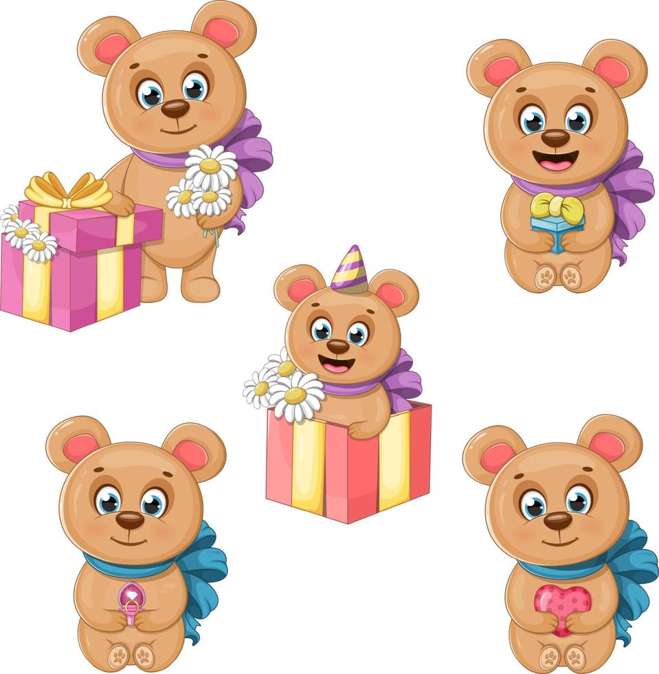 Collection of cute and funny bears with gifts, balloons and hearts vector