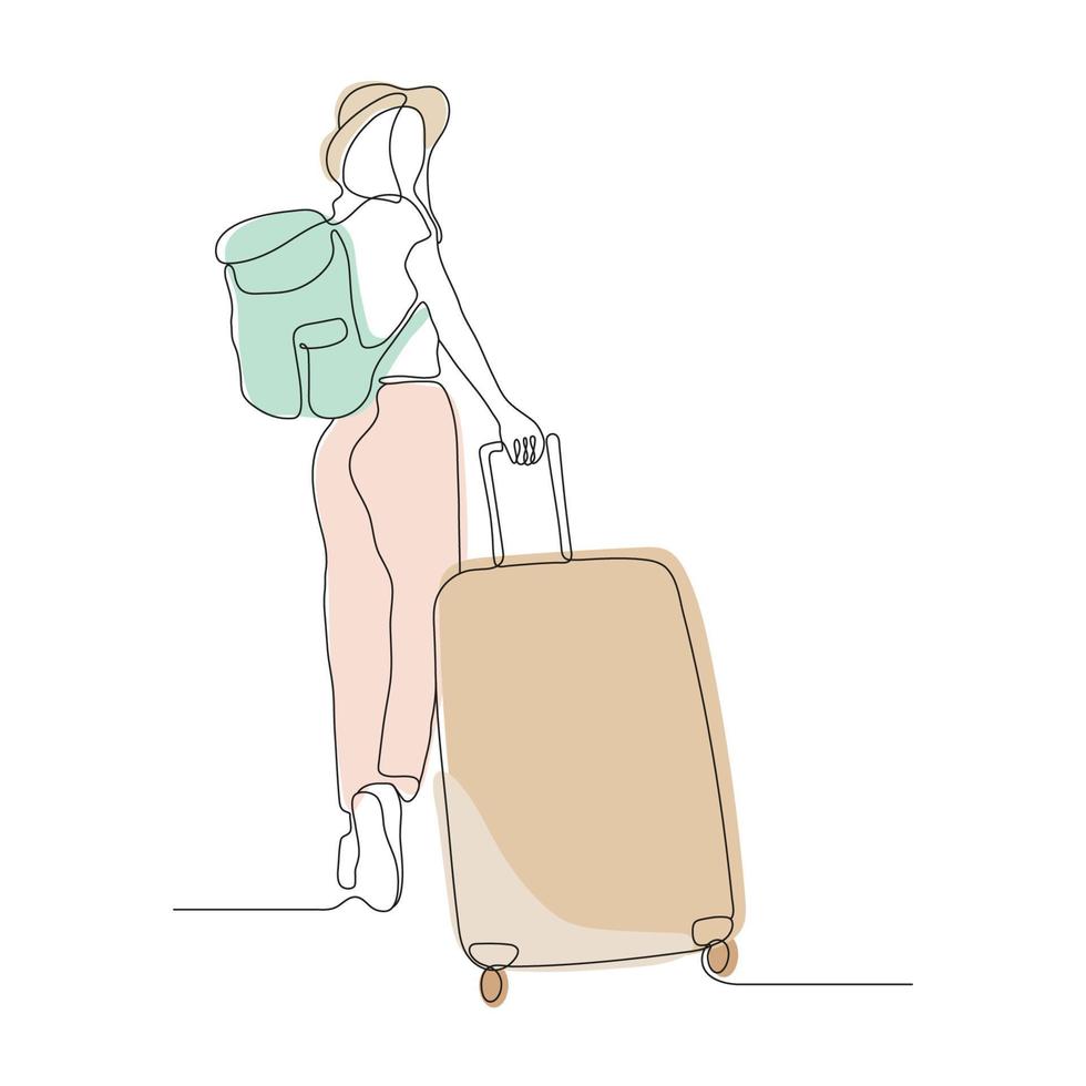 Continuous Line art or One Line Drawing of a Travel woman with a Suitcase. Drawing by hand. Vector illustration.
