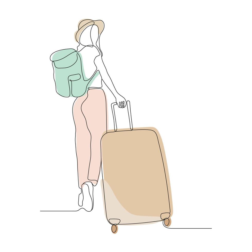 arte de línea continua o dibujo de una línea de una mujer de viaje con una maleta. dibujo a mano. ilustración vectorial vector