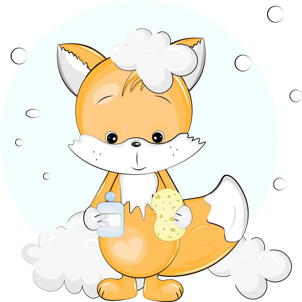 cute fox with shampoo and washcloth vector