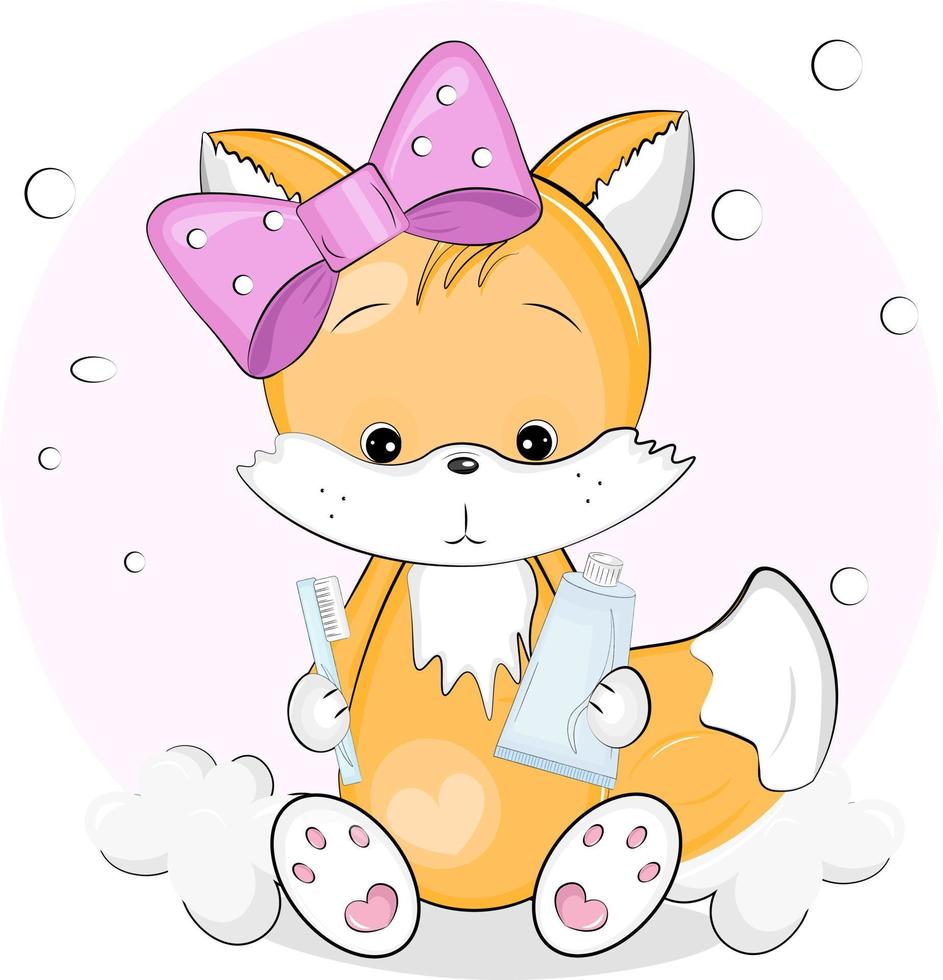 cute fox with toothbrush and paste vector