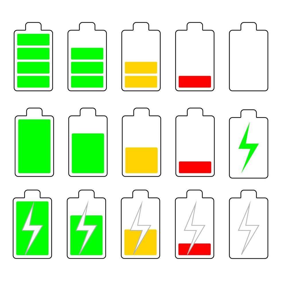 conjunto de indicadores de carga de la batería. nivel de batería del teléfono, tableta, reloj. icono de batería vector