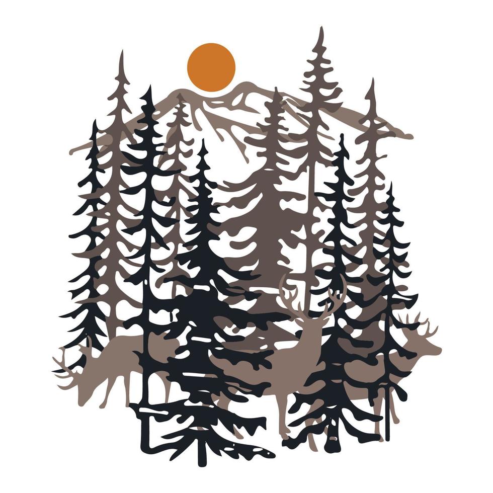 Forest mountains with sun and deer silhouette. Deers in forest illustration. Vector stock illustration.