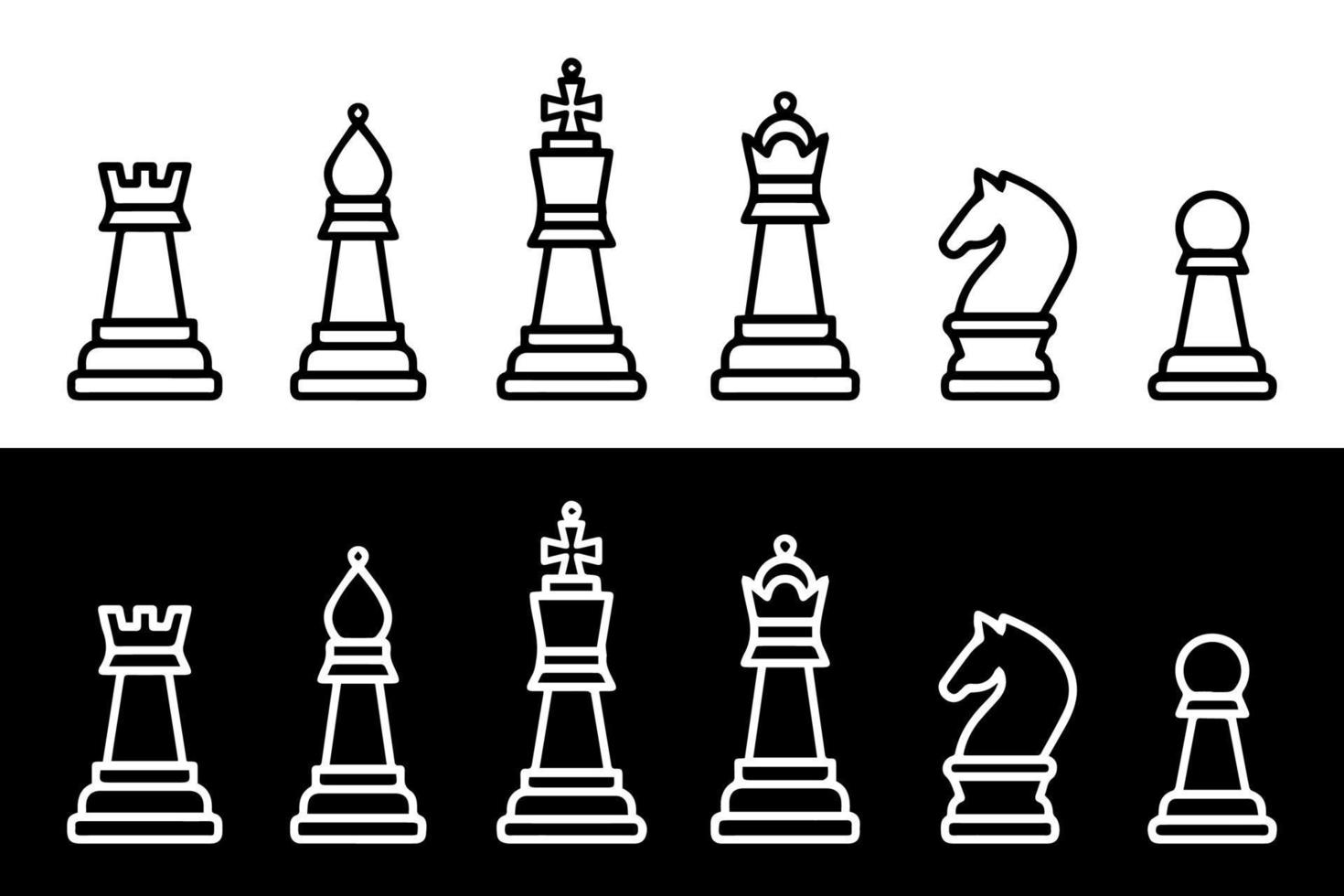 Outlined chess pieces on a white and black background.King, queen, rook ...