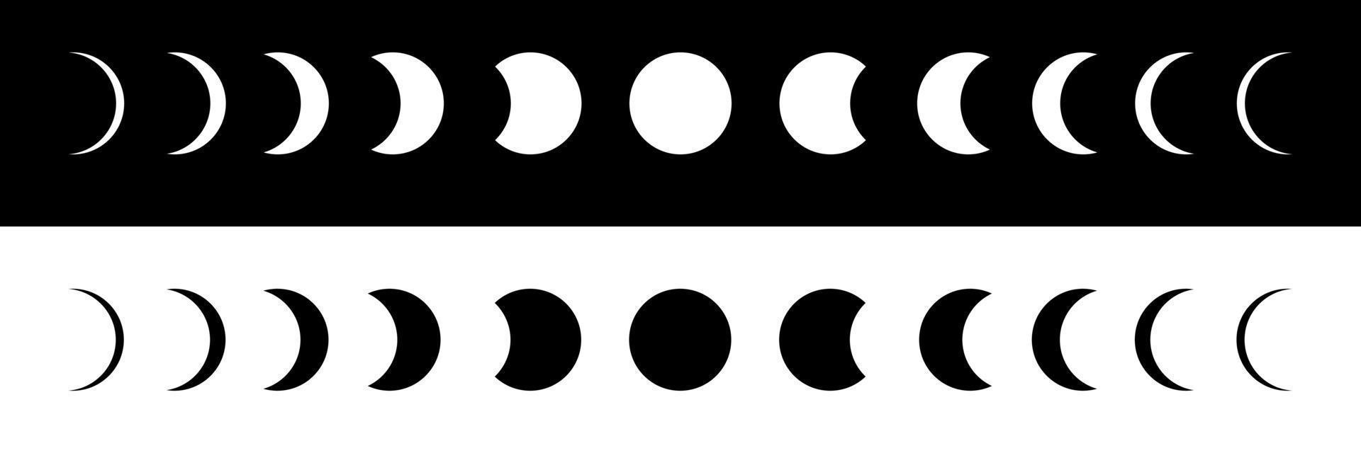 Phases of the moon on black and white backgrounds. Moon calendar. The movement of the moon around the earth. vector