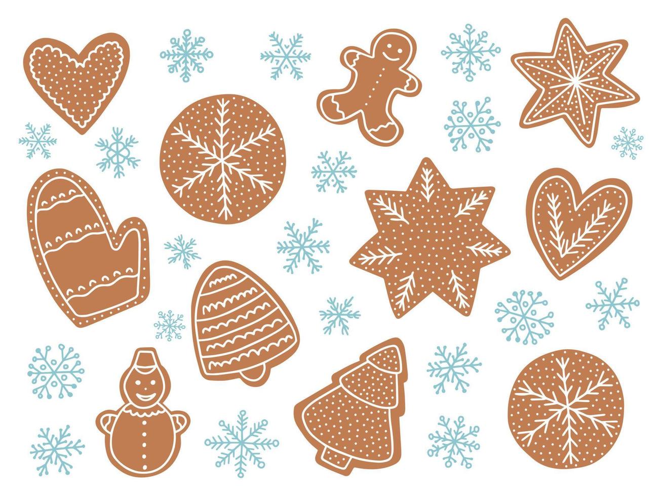 conjunto de Navidad de galleta de jengibre vectorial. galleta navideña de estilo plano en diferentes formas con glaseado blanco, vector