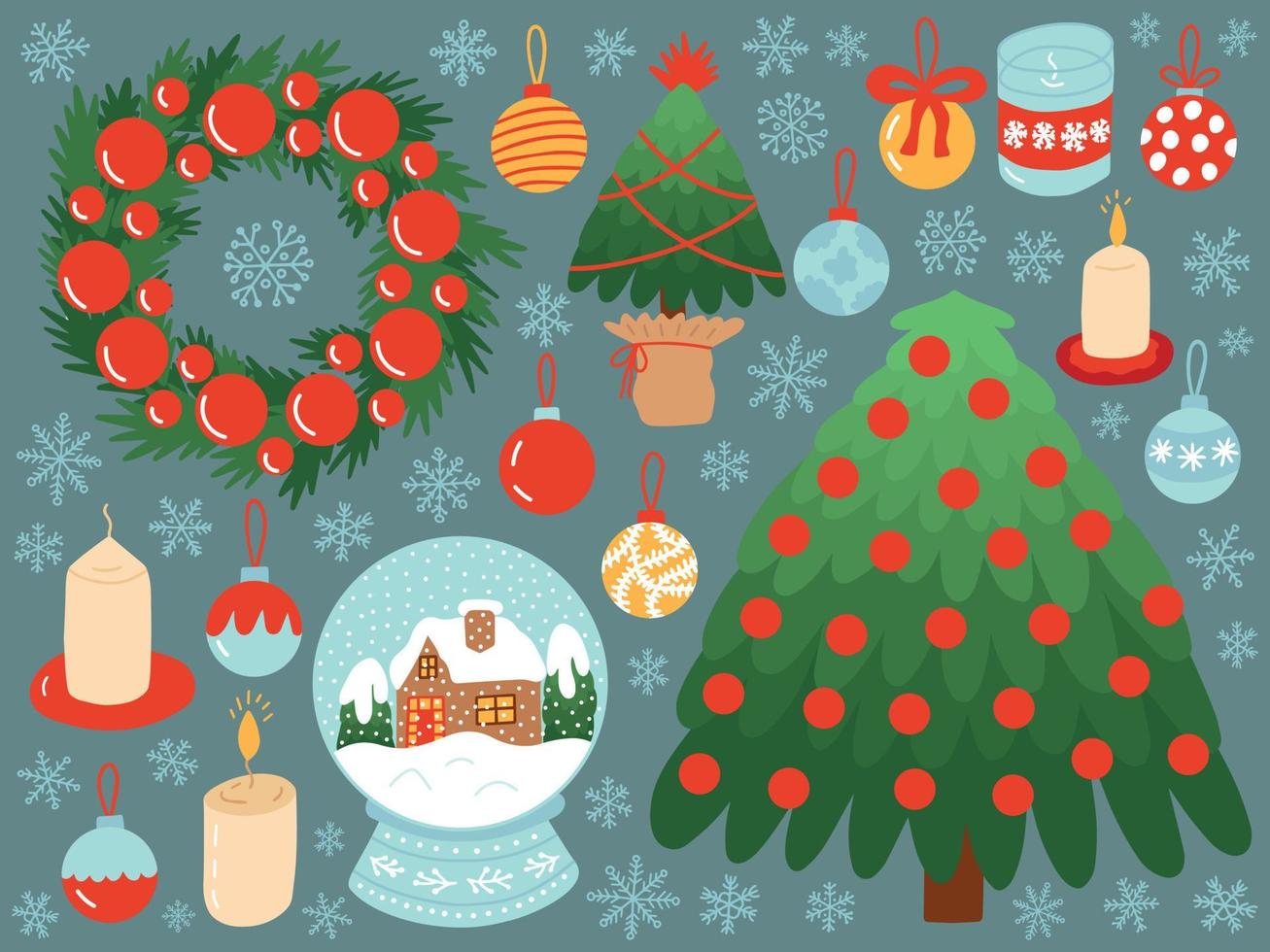 Vector set of Christmas stickers. Christmas tree, wreath, snow ball, candles and snowflakes