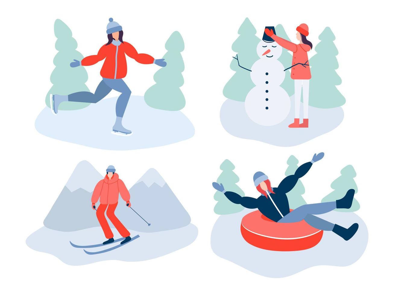 Winter activities vector set. Tubing and skiing and ice skating. Woman making snowman.