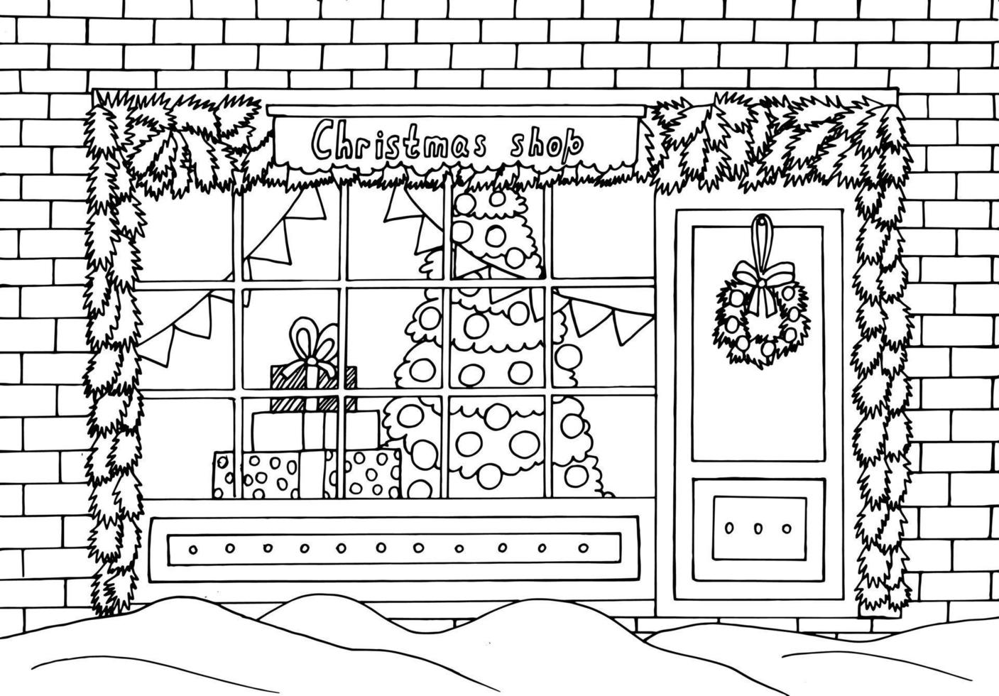 Hand drawn black and white Christmas shop coloring page. City street in winter at Christmas time line art illustration. Christmas tree and gifts in window shop. vector