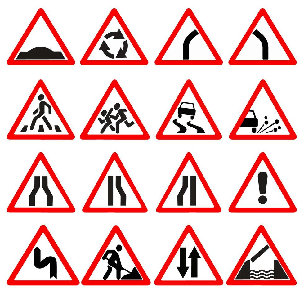 Warning triangle road signs. Speed bump, roundabout, dangerous curve, crosswalk, children, slippery road, gravel spill, drawbridge, roadworks. vector