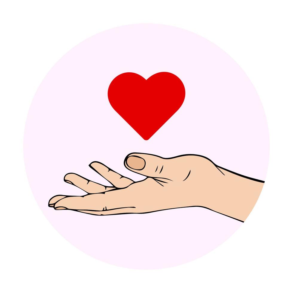 Open hand with heart illustration. Vector stock illustration.