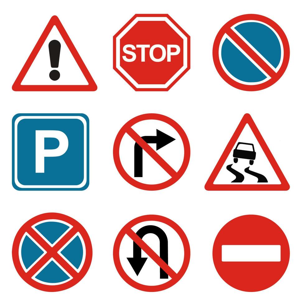 señales de tráfico vectoriales. peligro, parada, estacionamiento, paso cerrado, giro prohibido, giro en U prohibido, sin paso. vector