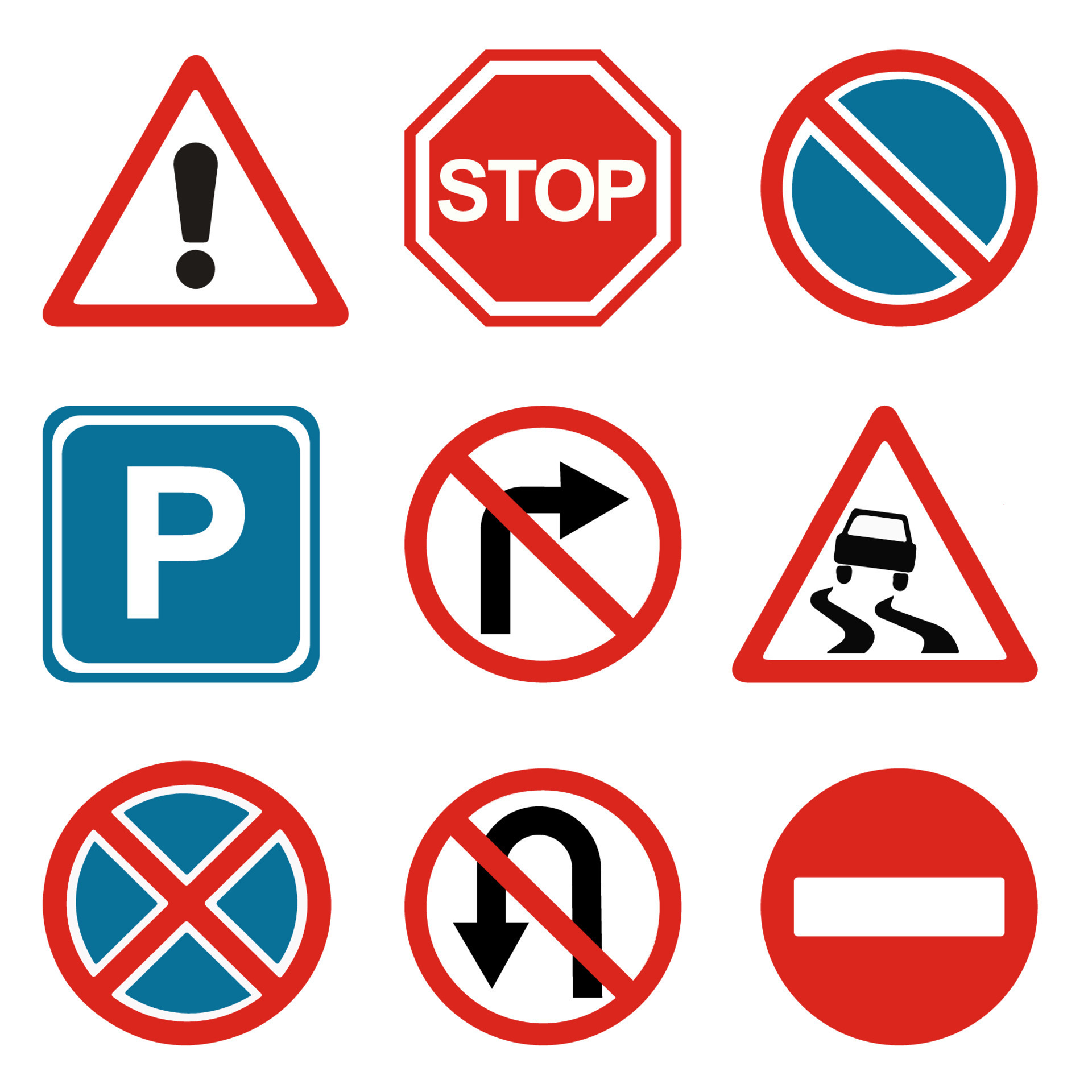 Vector road signs. Danger, stop, parking, passage closed, turn prohibited,  U-turn prohibited, no passage. 13709778 Vector Art at Vecteezy