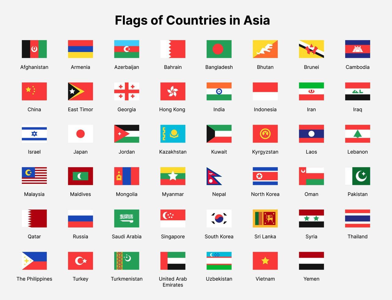 Asia countries flags. Rectangle flags of countries in Asia. vector
