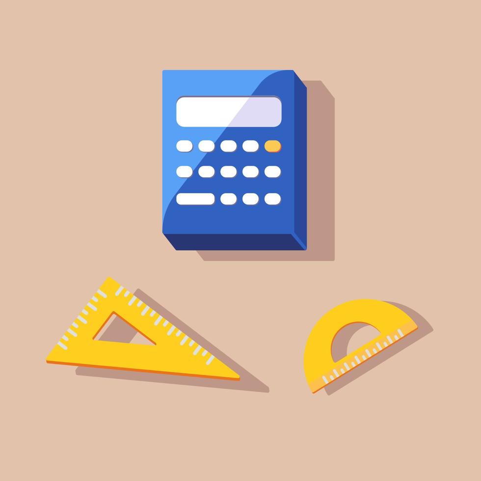 Calculator with ruler and protractor flat vector illustration. Mathematics, arithmetic, algebra, geometry, calculation, school. Vector stock illustration.