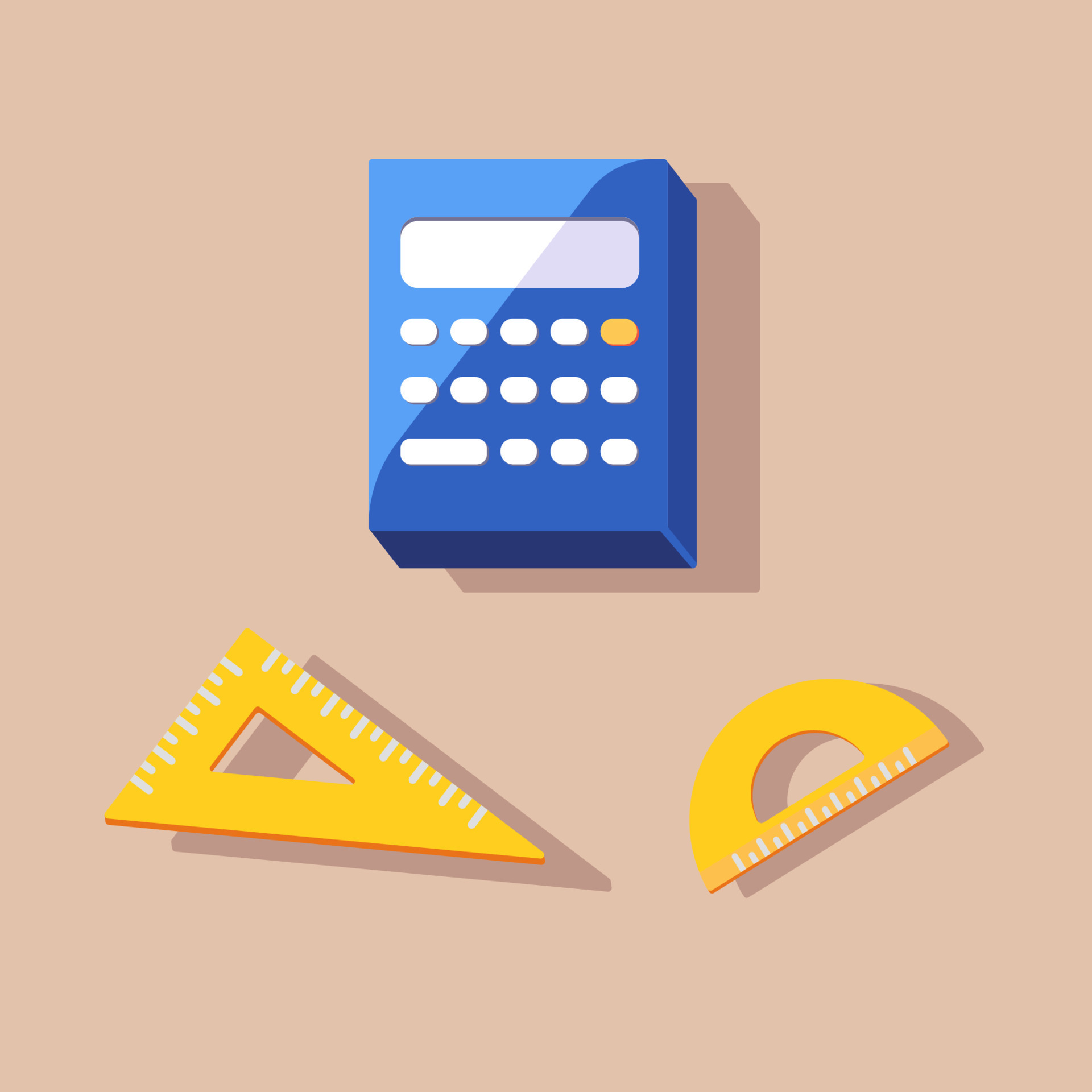 Calculator with ruler and protractor flat vector illustration