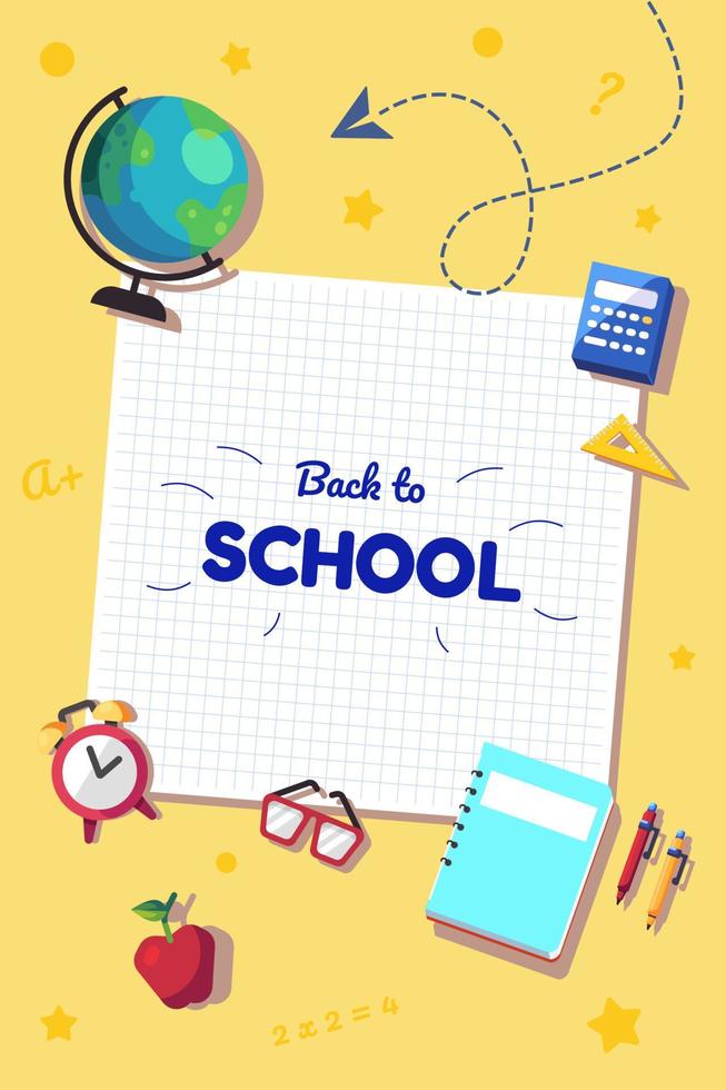 Back to school background with school stuff. Back to school banner flyer template. Vector sheet of paper school background.