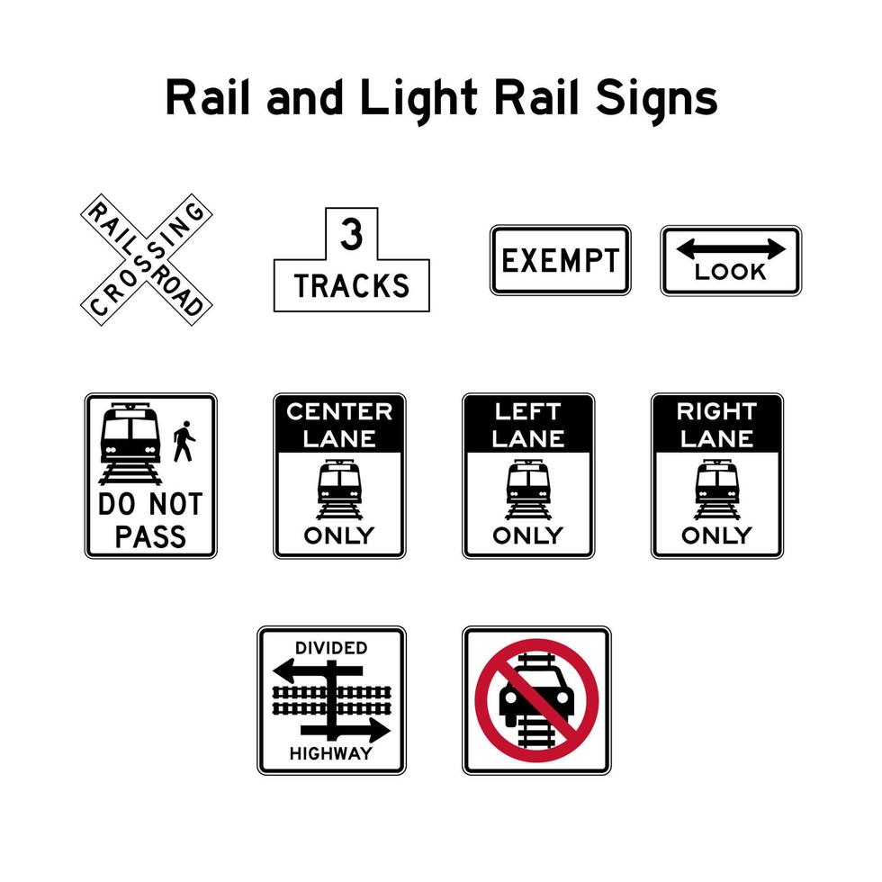 Rail and light rail signs. Vector rail signs.