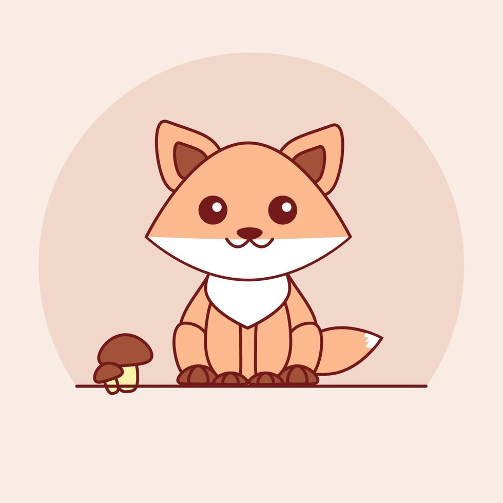 Cartoon fox with mushrooms. Cute sitting fox. Vector stock illustration.