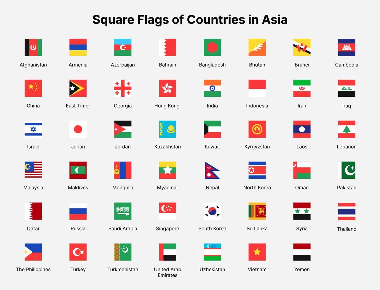 Asia countries flags. Square flags of countries in Asia. 13709823