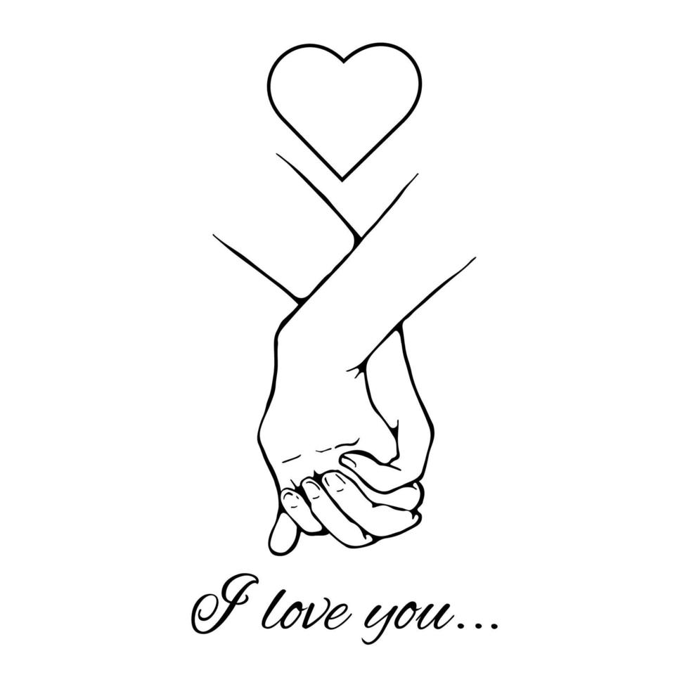 Outlined bonded hands of lovers with a heart. Vector stock illustration.