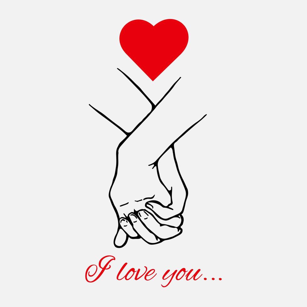 Two hands joined together. Outlined bonded hands of lovers with a heart. vector