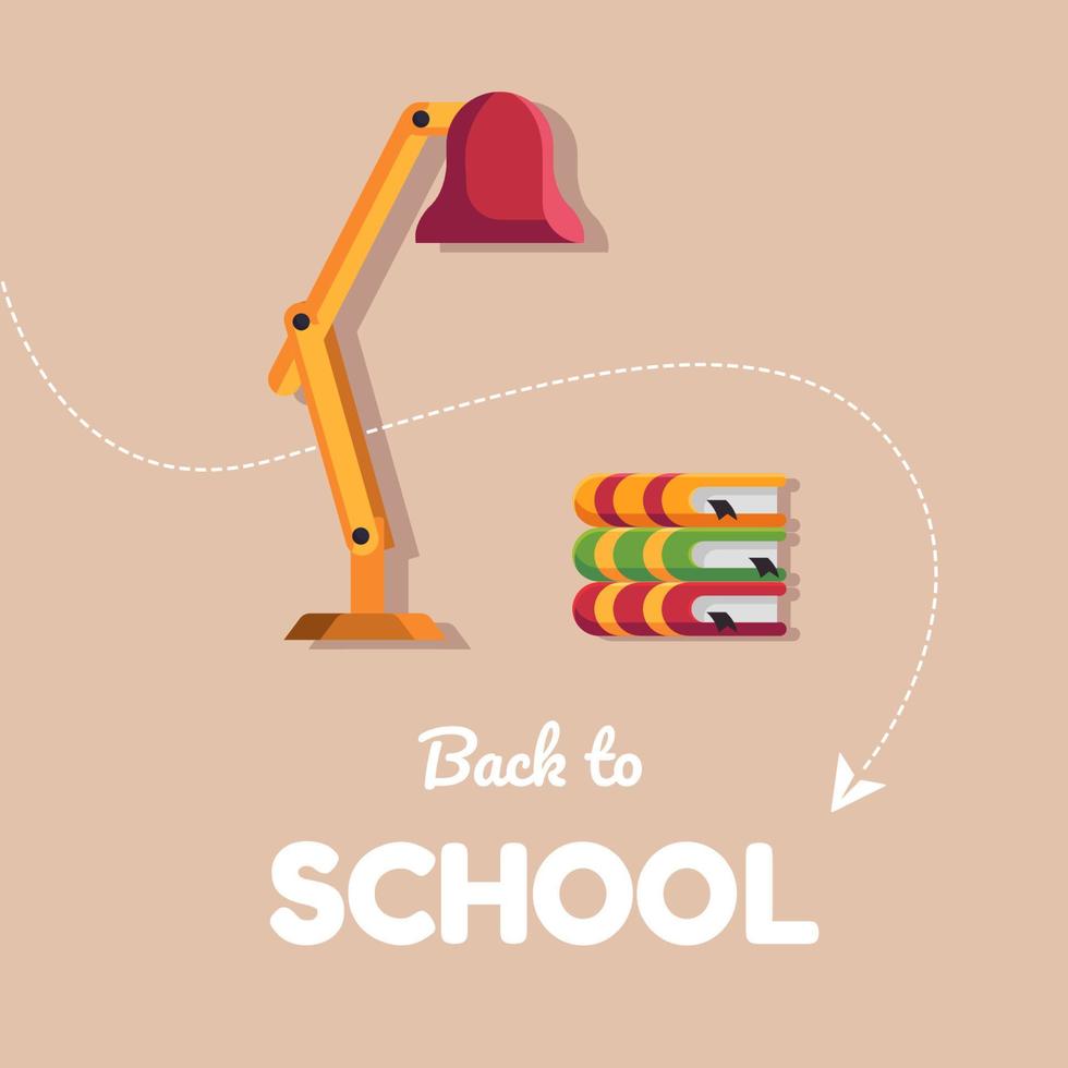 Back to school background with table lamp and books. Back to school banner flyer template. Vector stock illustration.