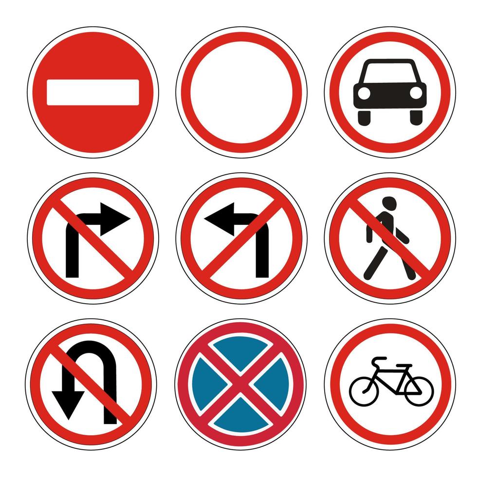 Vector road prohibited signs. Entry, passage, traffic, turn, pass, turn, bikes, stop.