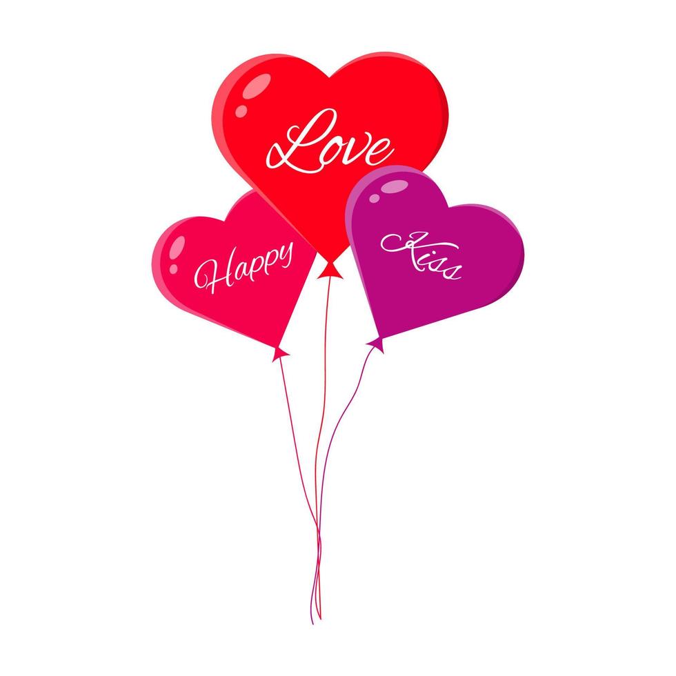 Romantic color rubber flying cartoon balloons with strings and lettering. Set isolated on white ballons with words. Vector stock illustration.