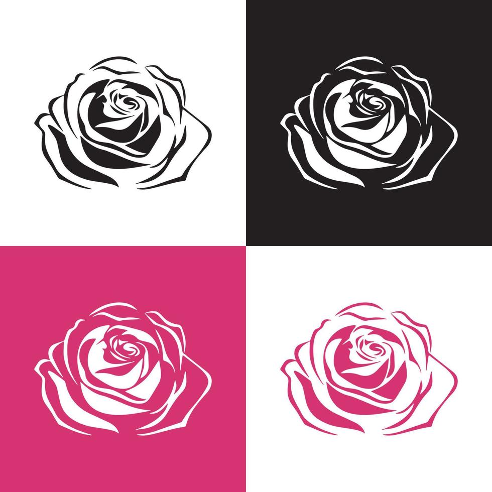 Rose flower isolated silhouette on white, black and color backgrounds. Rose leaf vector illustration.