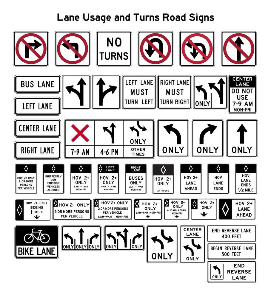 Lane usage and turns road signs. Vector road signs.