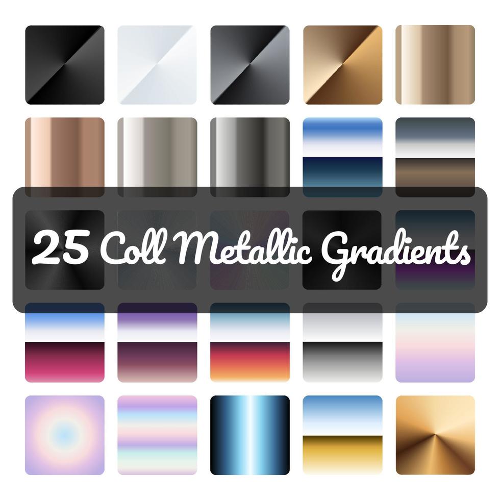 Metallic gradient set. 25 coll metallic gradients. Colorful gradient background. vector