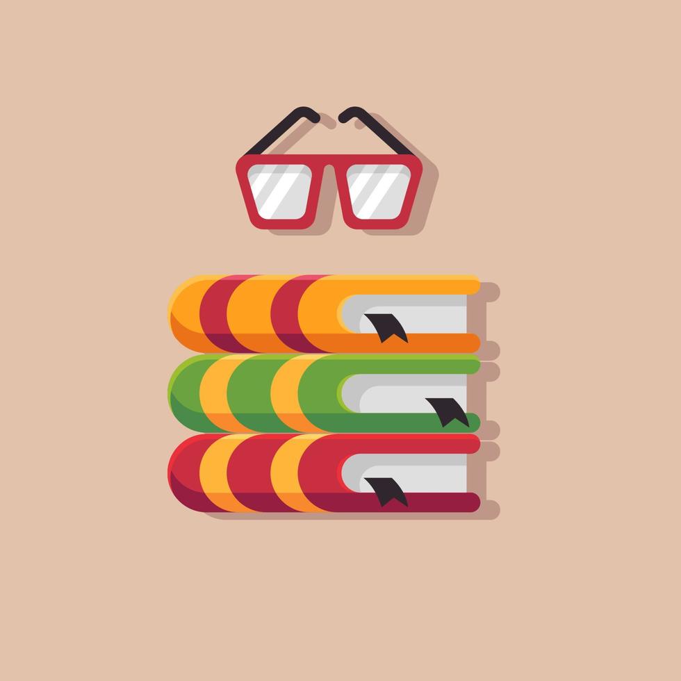 Books with glasses flat vector illustration. Books, glasses, library, literature, knowledge, scientist, textbooks. Vector stock illustration.